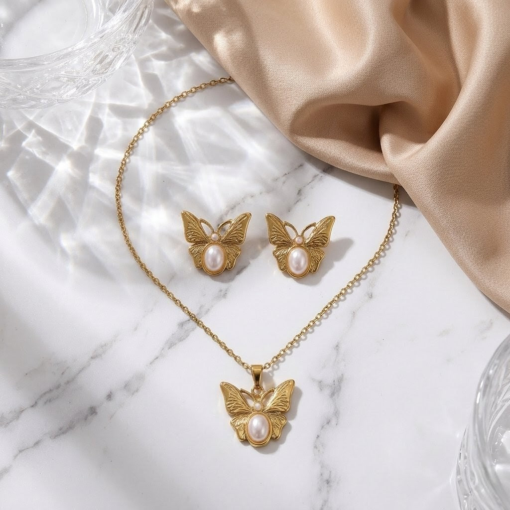 Golden Butterfly Pearl Set