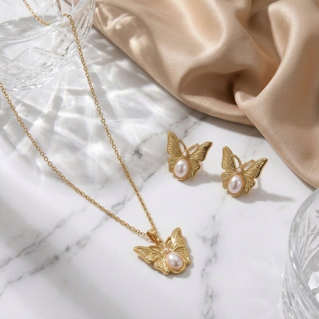 Golden Butterfly Pearl Set