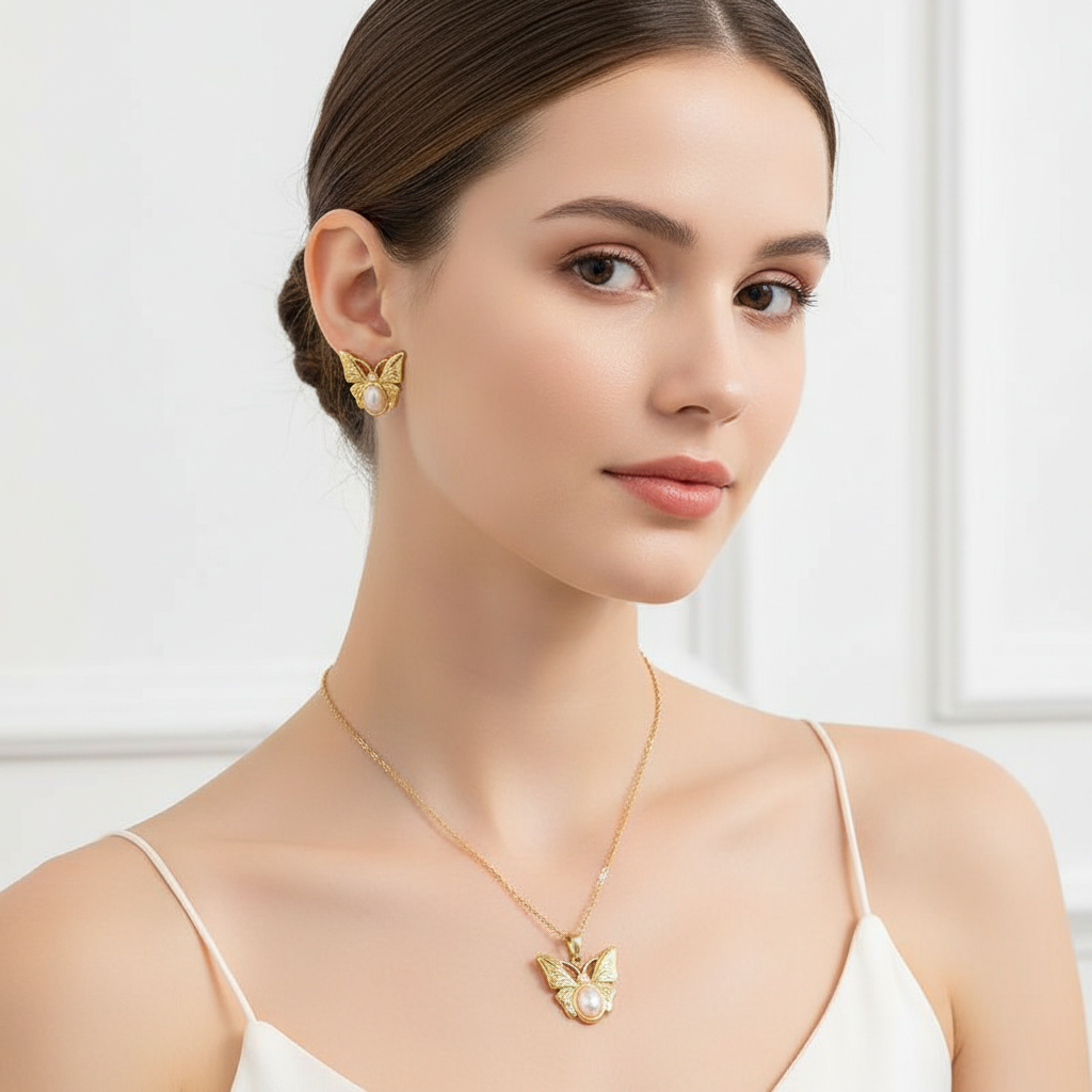 Golden Butterfly Pearl Set